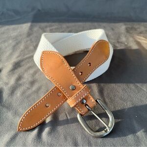 Women’s S Off-White Cotton Woven belt Tan Vacchetta Leather Brass Buckle NWOT
